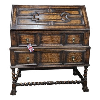 Late 19th Century English Oak Jacobean Style Bureau on Barley Twist Stretcher Base For Sale
