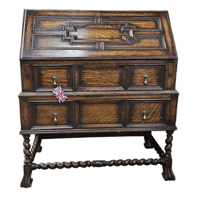Late 19th Century English Oak Jacobean Style Bureau on Barley Twist Stretcher Base For Sale