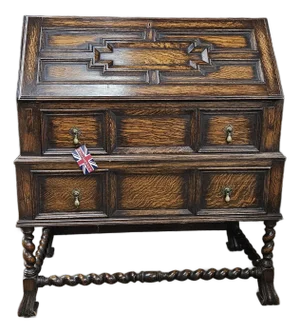 Late 19th Century English Oak Jacobean Style Bureau on Barley Twist Stretcher Base