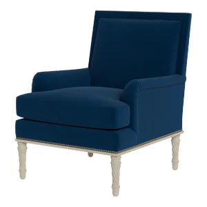 Bunny Williams Home Azure Chair in Navy Performance Velvet with Distressed Brass Nail Heads and Alpine White Legs