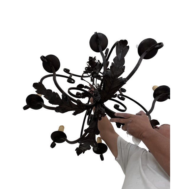 1990s Paul Ferrante Hand-Forged Wrought Iron 8-Arm Chandelier | Botanical Scrollwork | Old Iron Finish For Sale - Image 4 of 4
