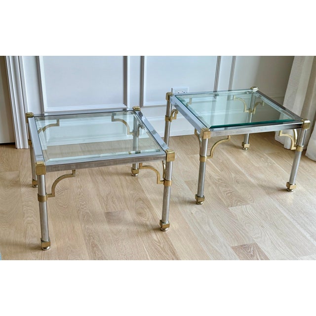 1970s Pair of 1970s Maison Jansen / Mastercraft Style Chrome and Brass Side Tables With Beveled Glass For Sale - Image 5 of 10