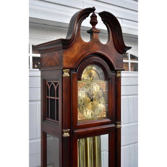 Howard Miller Mahogany Grandfather Clock Triple Chime Mechanical Floor Clock 80s For Sale - Image 9 of 16