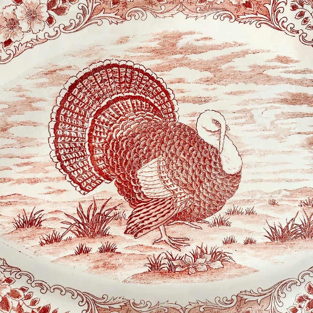 Japanese Large Vintage Japanese Red & White Transferware Turkey Platter For Sale - Image 3 of 8