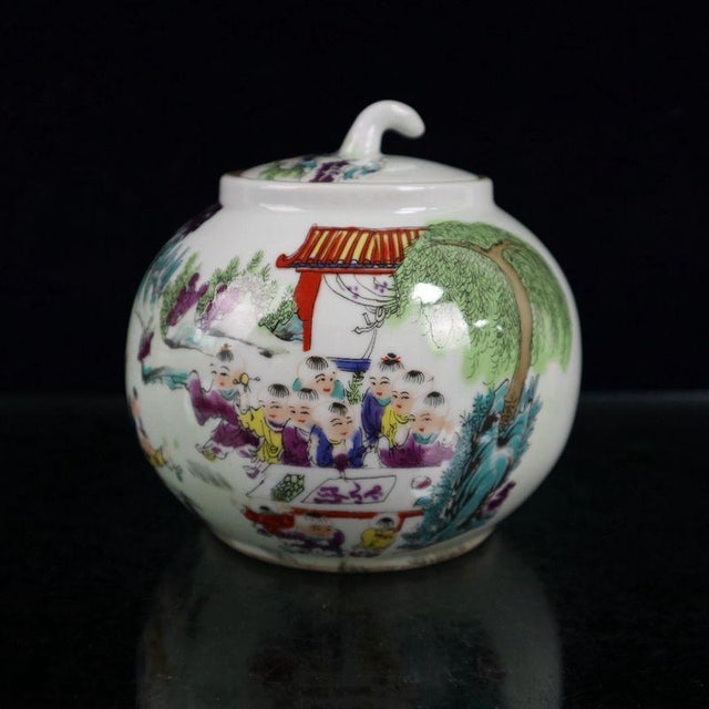Ceramic Famille Rose Boys Playing Figural Lidded Ginger Jar, Chinoiserie Porcelain Canister For Sale - Image 7 of 9