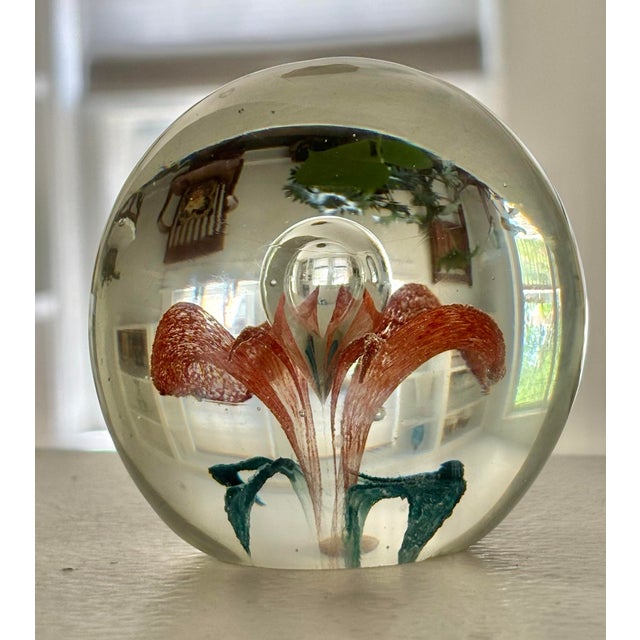 Glass Vintage Orange Floral Hand-Blown Glass Paper Weight For Sale - Image 7 of 7