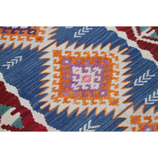 1970s Mid-Century Modern Geometric Blue Kilim Rug For Sale - Image 4 of 10