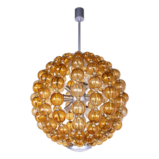 Handcrafted Ballroom Chandelier with Amber Glass Balls from VEB Deutsche Werkstätten Hellerau, Germany, 1960s For Sale