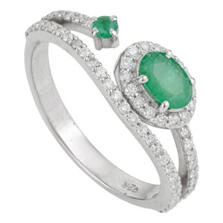 Mid 20th Century Style Sterling Silver Emerald & Diamond Halo Bypass Ring Size 7.5 For Sale