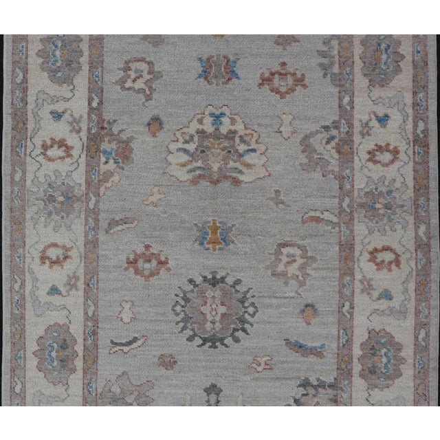 Cream Floral Modern Oushak With Muted Gray Background and Cream Border For Sale - Image 8 of 13