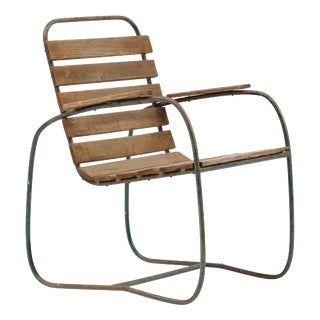 Swedish Iron Garden Armchair with Green Lacquered Wooden Slats, 1930s For Sale