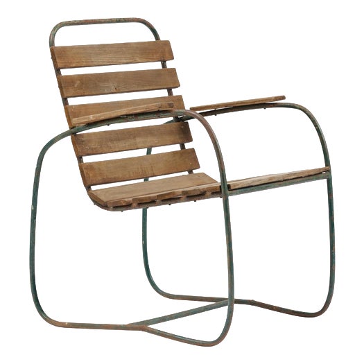 Swedish Iron Garden Armchair with Green Lacquered Wooden Slats, 1930s For Sale