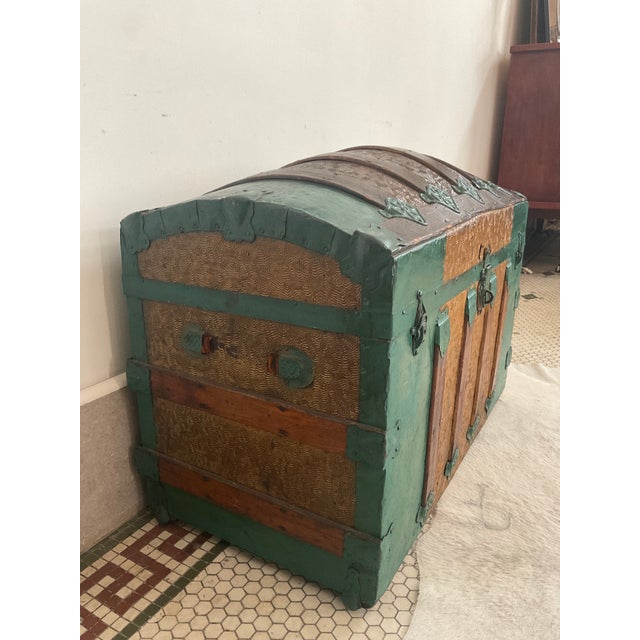 Large Antique Victorian Oak Banded Dome Top Steamer Trunk Chest, Maier For Sale - Image 11 of 16
