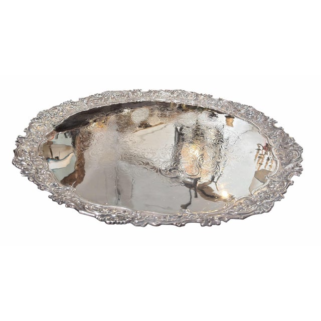 English 18th C Style Boulton & Matt 24” Round Sheffield Silver Salver Tray For Sale - Image 3 of 6