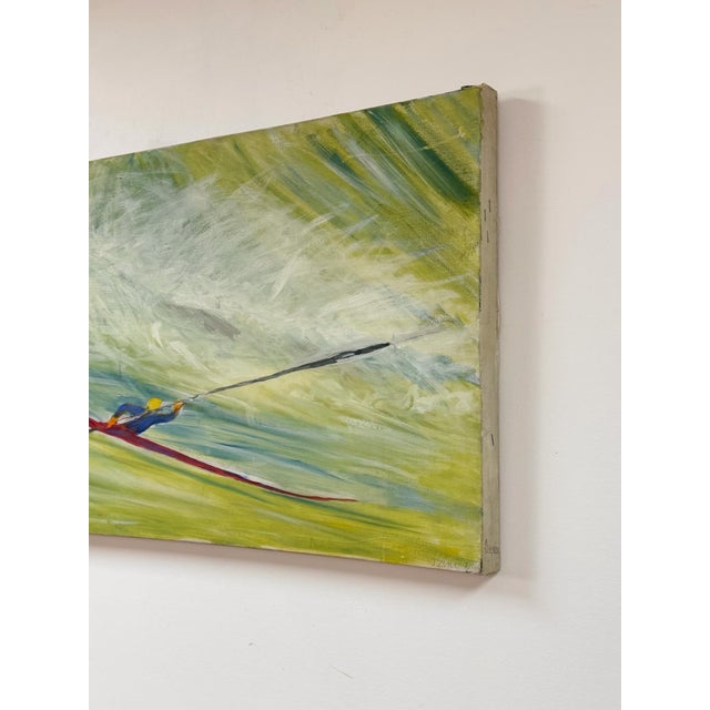 Light Green Vintage Oil Painting Kayaker Expressionist Canvas Gestural J. Zuill Signed For Sale - Image 8 of 9