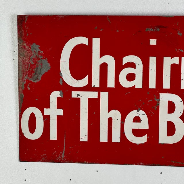 American Vintage Enamel Metal "Chairman of the Board" Sign in Firetruck Red For Sale - Image 3 of 4