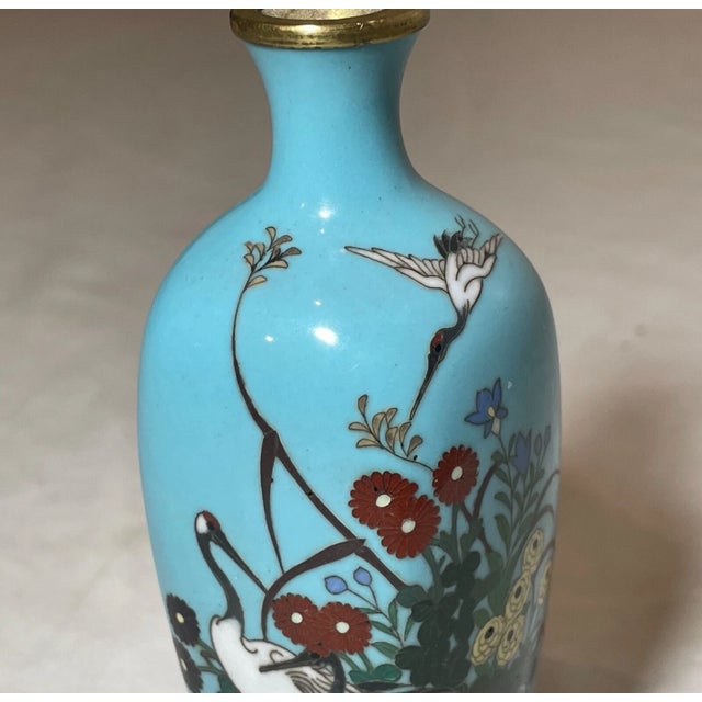 Antique 19th Century Japanese Meiji Cloiosnne Miniature Enamel Crane Blue Vase For Sale - Image 11 of 13