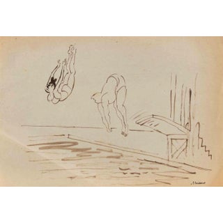 Mino Maccari, Swimmers, Watercolor on Paper, 1960s For Sale