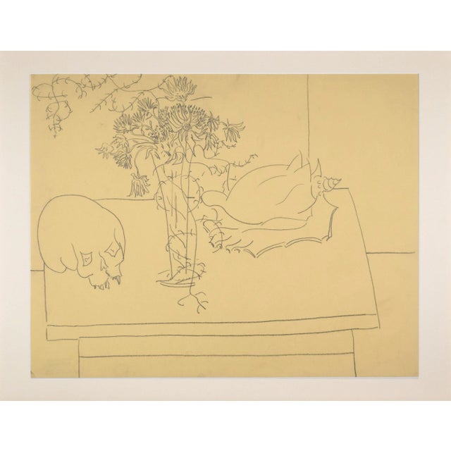 Still life drawing of a vase of flowers, conch shell, and skull on a table top by Achillo “Achi” Sullo (Massachusetts,...