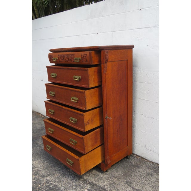 Victorian Late 1800s Carved Tiger Oak Tall Chest of Drawers With Working Key For Sale - Image 3 of 11