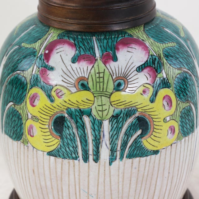 Antique Famille Rose Bok Choy Porcelain Table Lamp With Cabbage Leaf and Butterfly Motif For Sale - Image 9 of 13