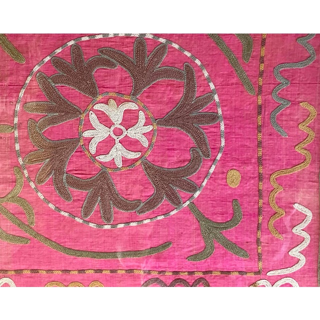 Wood Exquisite Pair of Hand-Embroidered Antique Silk Suzani Framed Silk-on-Silk For Sale - Image 7 of 14