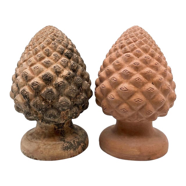 Pair of Vintage Italian Terracotta Pinecone Finials For Sale