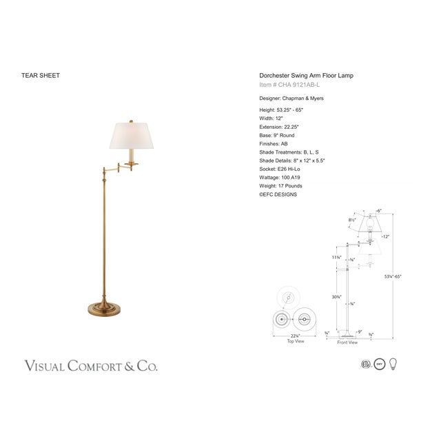 Chapman & Myers by Visual Comfort Signature Dorchester Swing Arm Floor Lamp in Antique-Burnished Brass with Linen Shade...