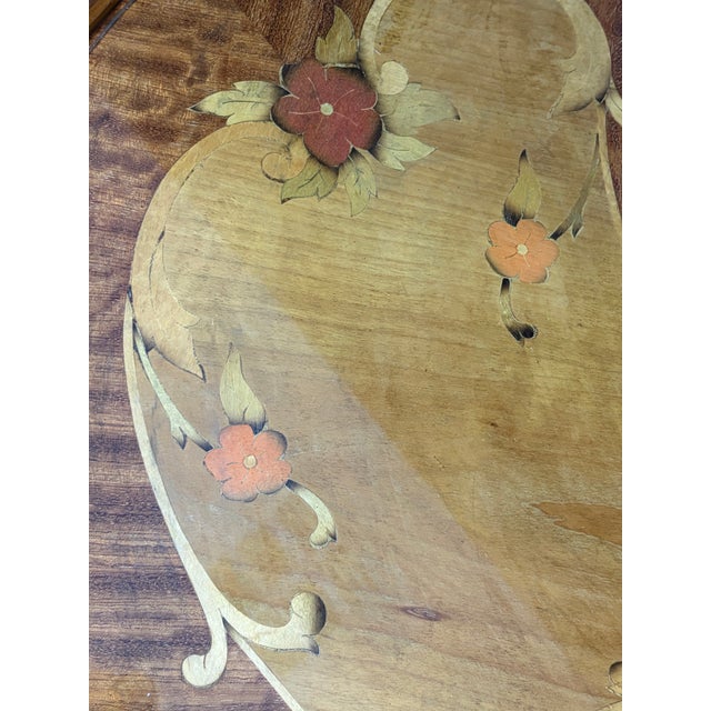 Vintage French Provincial Marquetry Inlay Serpentine Kidney Coffee Table With Glass Top For Sale - Image 9 of 12