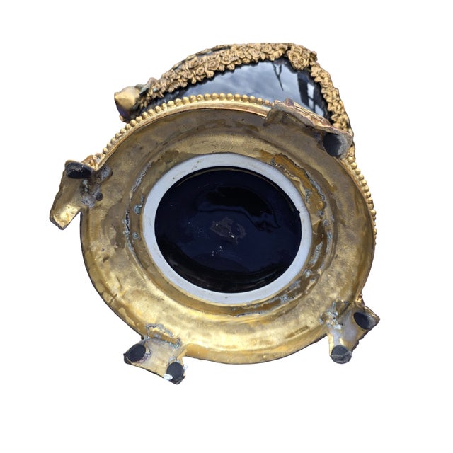 Black Mid 20th Century Large Neoclassical Black & Gilt Urn Centerpiece Bowl With Figural Handles For Sale - Image 8 of 9