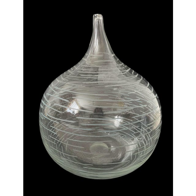 Vintage MCM Belgium Handblown Glass Vase Etched Lines 8.5x10.5” For Sale - Image 4 of 8
