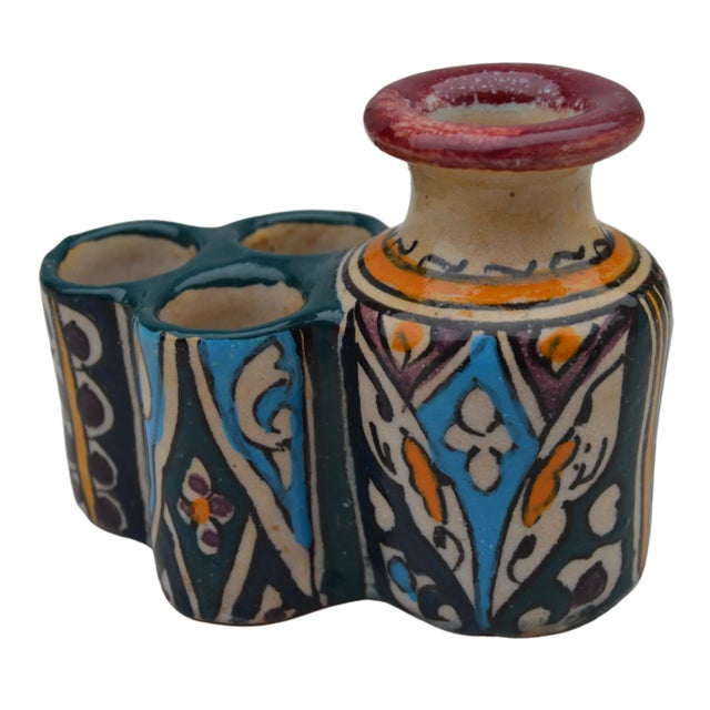 Mid 20th Century Mid 20th Century Moorish Colorful Ceramic Inkwell With Catchall For Sale - Image 5 of 9