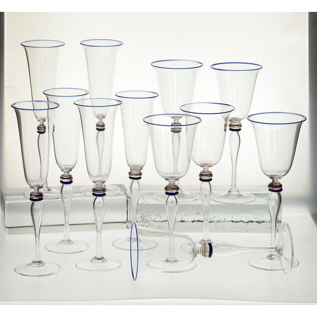 Stemmed Flute Glasses in Murano Glass with Cobalt and Gold Accents by Cenedese, 1980s, Set of 6 For Sale - Image 10 of 18