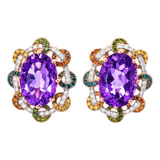 Late 20th Century 14K Rose Pink Gold Diamond Amethyst Huggie Earrings, Pair For Sale