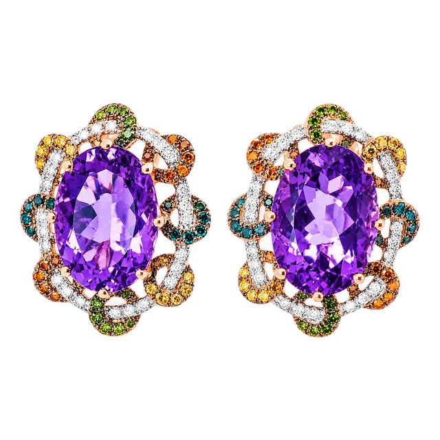 Late 20th Century 14K Rose Pink Gold Diamond Amethyst Huggie Earrings, Pair For Sale