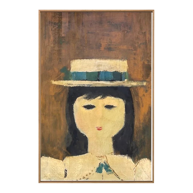 Folk Art Woman With Hat Giclee Print on Canvas Framed For Sale