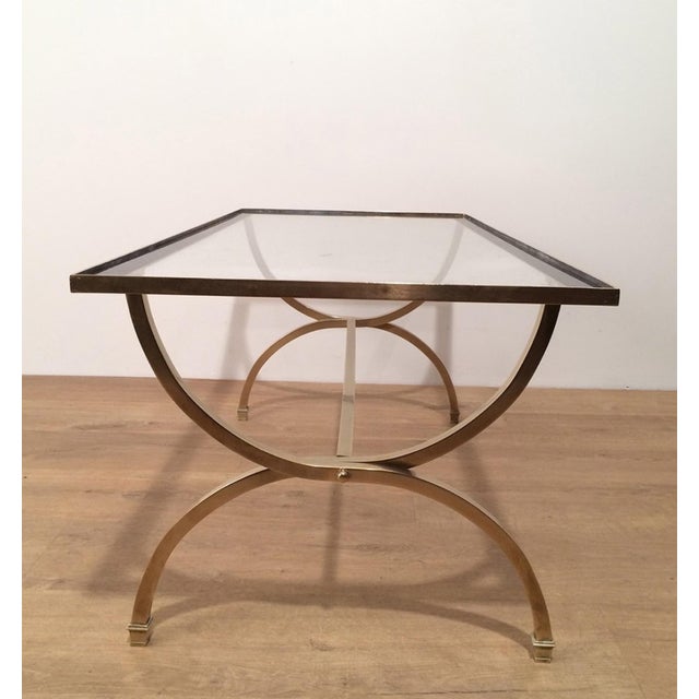 Maison Jansen Brass coffee table with clear glass top and black lacquered edges For Sale - Image 4 of 12