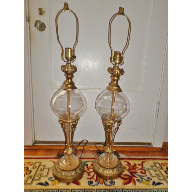 Vintage Neoclassical Brass Glass Lamps- a Pair For Sale - Image 10 of 10