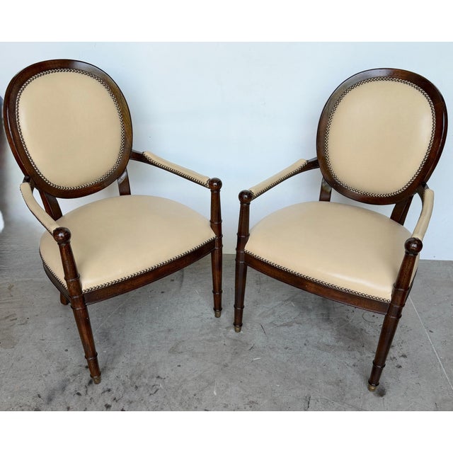 Set of 4 Baker Milling Road Neoclassical Mahogany & Parchment Leather Armchairs For Sale In West Palm - Image 6 of 17
