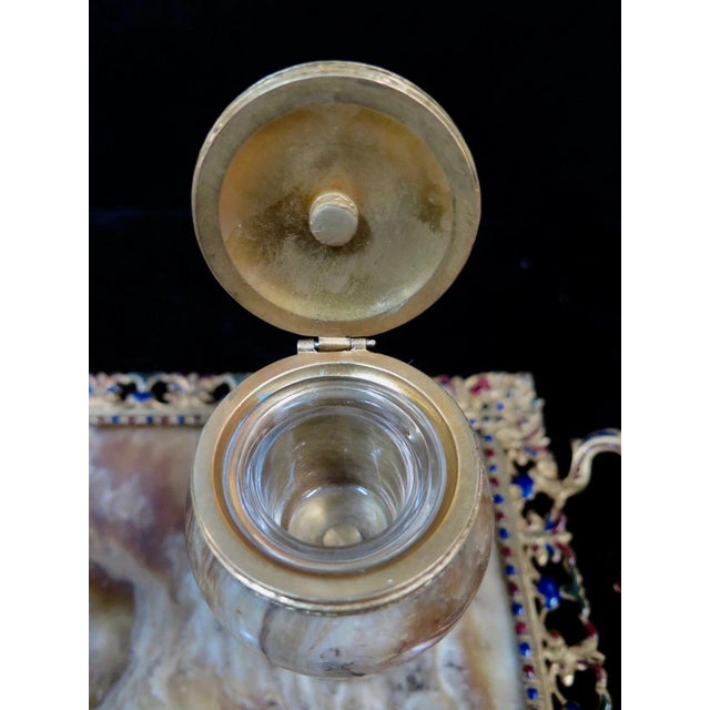 Blue 19th Century Champleve' Marble & Bronze Double Inkwell - Set of 3 For Sale - Image 8 of 12