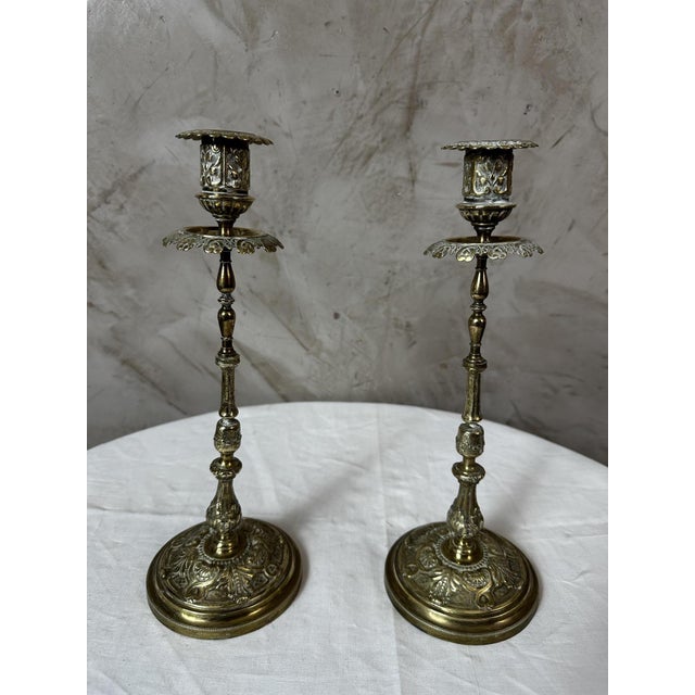 Metal Gilt Brass Candlesticks, 1920s, Set of 2 For Sale - Image 7 of 11