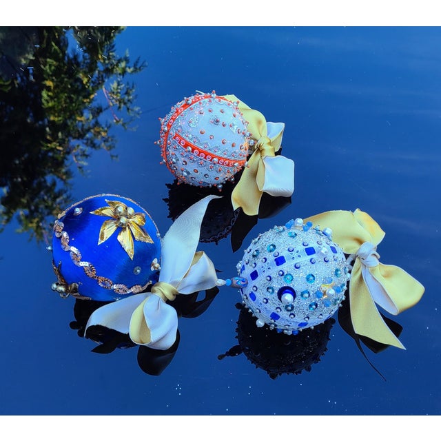 Metal Vintage Hand Made Beaded Christmas Ornaments - Set of 3 For Sale - Image 7 of 9