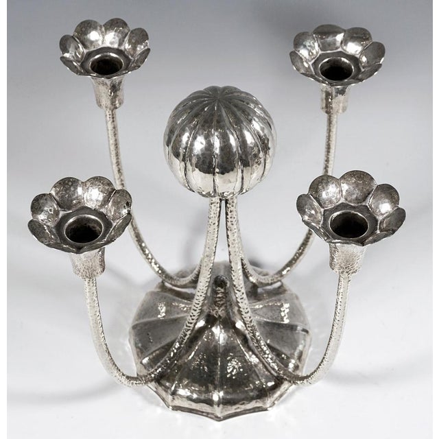 Metal Viennese Art Deco 4-Light Silver Candelabras with Martelé Decor, 1930, Set of 2 For Sale - Image 7 of 13