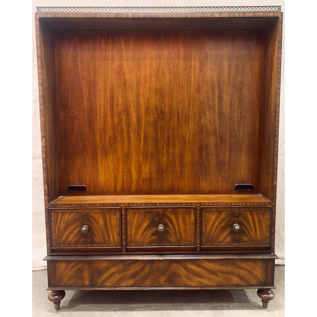 Rare Maitland-Smith Regency Style Pivoting Mahogany Bookcase and Flat Screen Tv Stand With Fretwork Gallery Rail and Drawer Pulls in Brass For Sale - Image 9 of 12