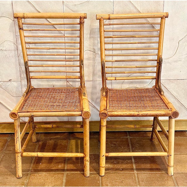 Vintage 1970’s Chinoiserie Bamboo Ladder Back Accent Chair With Woven Rattan Seat, Paul Frankl Style- A Pair For Sale - Image 12 of 12