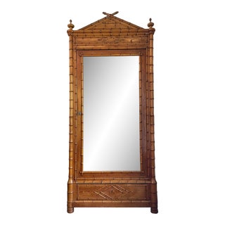 19th Century French Faux Bamboo Mirrored Single Door Armoire with Drawer For Sale
