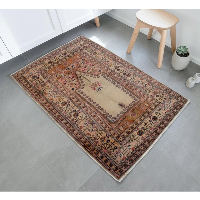 Vintage Hand-Knotted Turkish Rug Prayer Rug Super Fine Wool Rug Wall Decor Religious Tapestry 3x5 Ft Approx For Sale - Image 4 of 18
