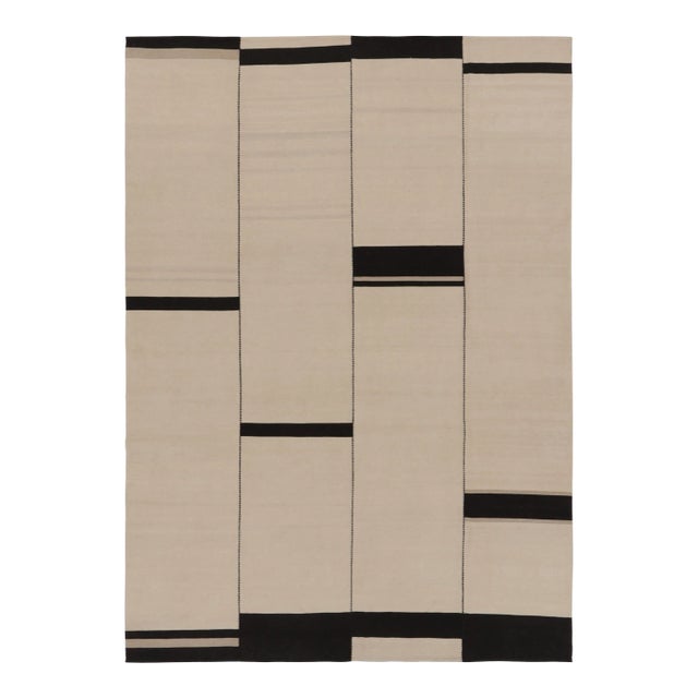 Rug & Kilim’s Contemporary Kilim in Beige and Black Textural Stripes For Sale