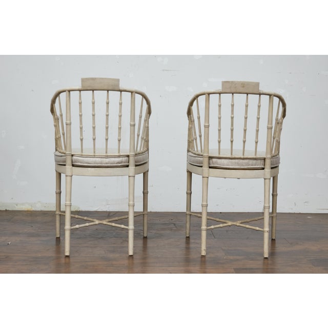 Pair of Baker Furniture Faux Bamboo Upholstered Armchairs in Soft White Finish For Sale - Image 10 of 12