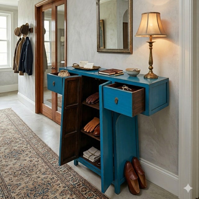 Cornflower Blue Chinese Moon Face T-Shape Benitoite Blue Drawers Side Table Cabinet For Sale - Image 8 of 9